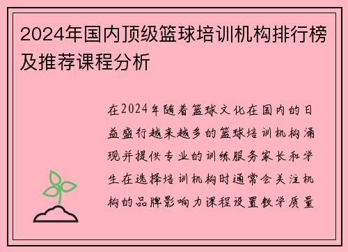 2024年国内顶级篮球培训机构排行榜及推荐课程分析